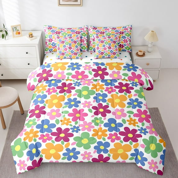 Erosebridal Cartoon Groovy Flower Bed in a Bag Queen Size,Romantic Rustic Plant Bed Set,Colorful Floral Bedding Queen Size For Youth,Super Cozy Room Decoration Reversible,7 Pieces