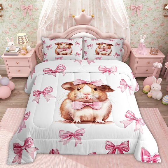 Erosebridal Cartoon Guinea Pig Bedding Sets Twinwith Comforter, Pink Bow-tie Duvet Insert, Cute Hamster Decor, Lightweight 2pcs