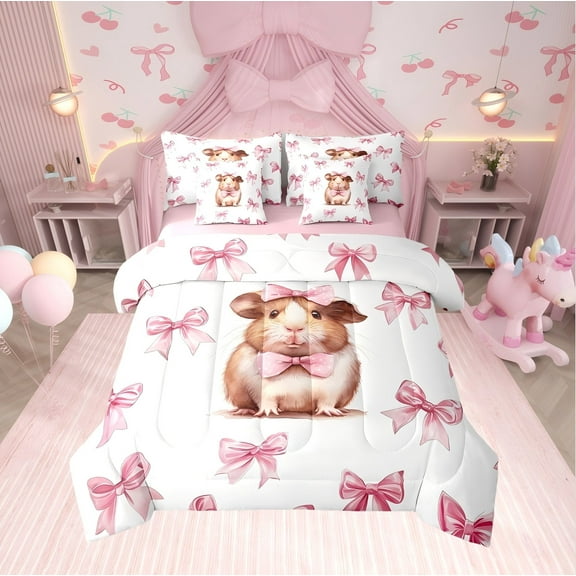 Erosebridal Cartoon Guinea Pig Bedding Twin Comforter Set, Pink Bow-tie Down Comforter, Cute Hamster Decor, Reversible 7pcs