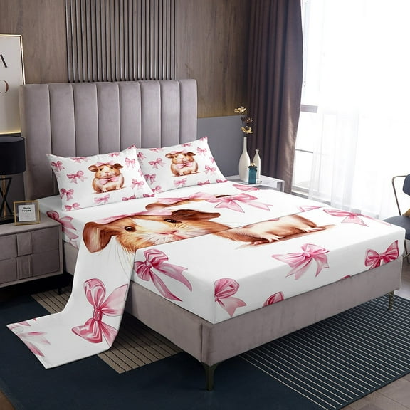 Erosebridal Cartoon Guinea Pig Twin Sheet Sets, Pink Bow-tie Bedding Twin Size, Cute Hamster Decor 3pcs