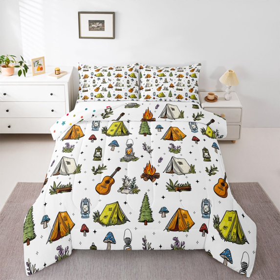 Erosebridal Cartoon Guitar Tent Mushroom Full Size Comforter Sets 3 Pieces For Kids Boys Girls,Teens Adventure Theme Bedding Sets,Super Cozy Room Decor
