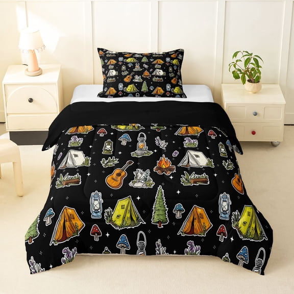 Erosebridal Cartoon Guitar Tent Mushroom Twin Comforter Sets 3-Piece For Kids Boys Girls,Teens Adventure Theme Bedding Set,Black Reversible