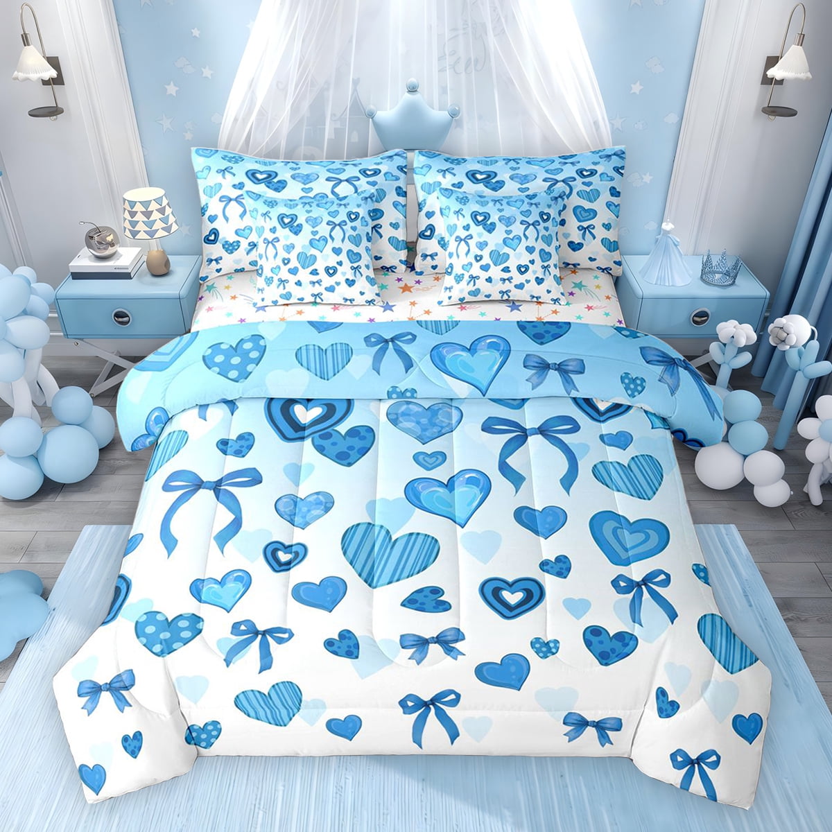 Erosebridal Cartoon Heart Bowknot Bedding Comforter Set, Blue White ...