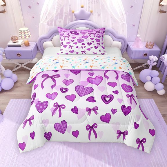 Erosebridal Cartoon Heart Bowknot Twin Comforter Sets, Purple White Bedding Set, Colorful Stars Reversible, 1 Comforter and 1 Pillowcase