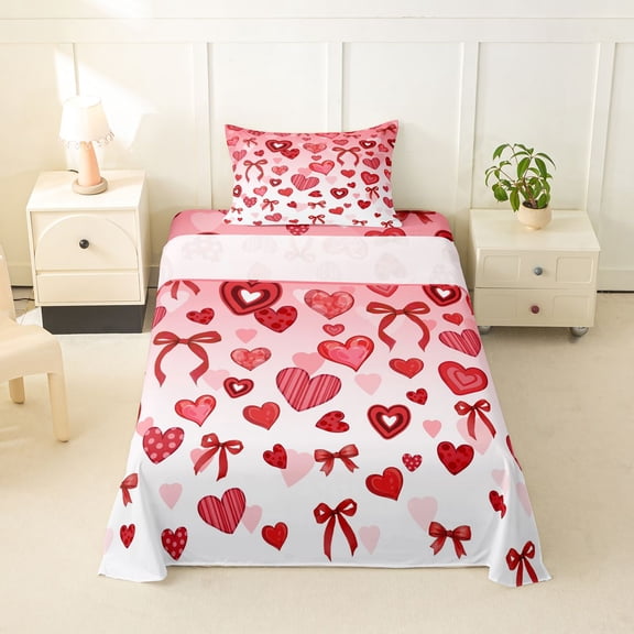 Erosebridal Cartoon Heart Bowknot Twin Sheet Sets, Red White Pink Bedding, 1 Flat Sheet, 1 Fitted Sheet and 1 Pillowcase