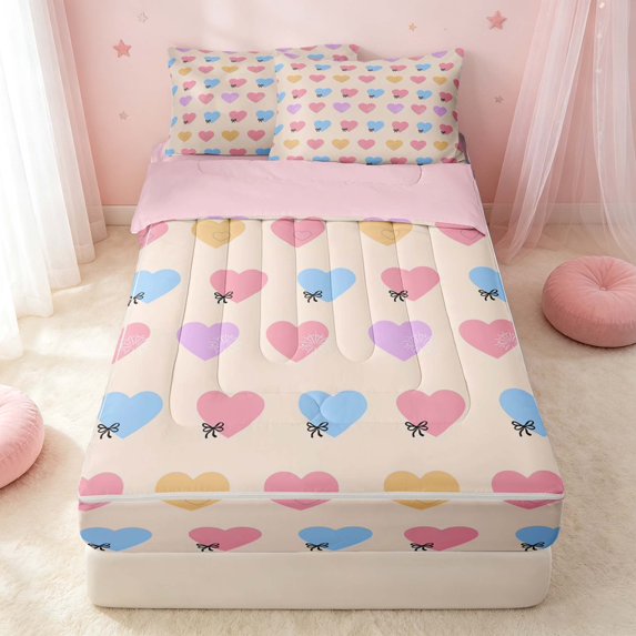 Erosebridal Cartoon Hearts Zipper Full Size Comforter Sets with Fitted Sheet and 2 Pillowcases, Kawaii HeartZipper Bedding Set, Pink Reversible, Peach Heart, Pink Reversible