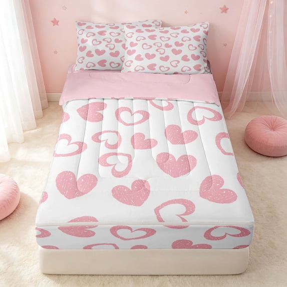 Erosebridal Cartoon Hearts Zipper Twin Comforter Sets with Fitted Sheet and 2 Pillowcases, Kawaii HeartZipper Bedding Set, Pink Reversible, Soft Pink, Pink Reversible