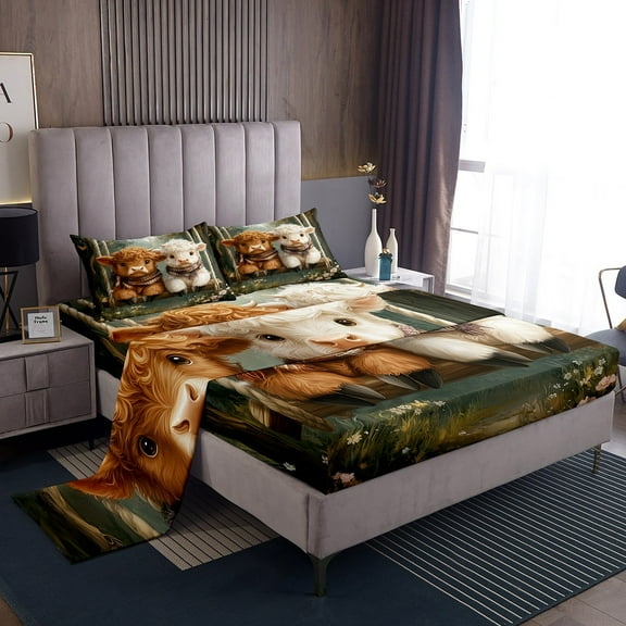 Erosebridal Cartoon Highland Bull Bed Sheets Twin , Watercolor Oil Painting Blossoms Bedding Sets Twin Size 3-Piece