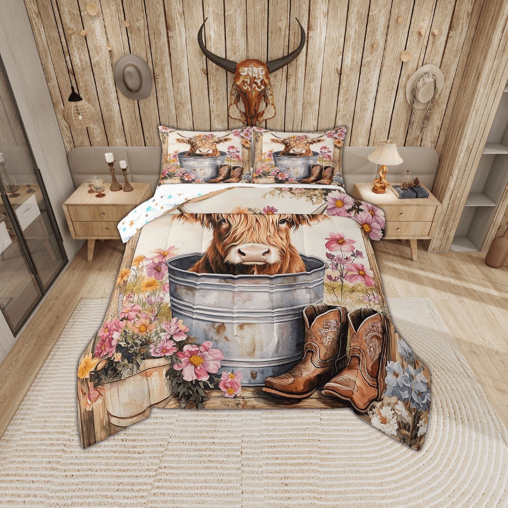 Erosebridal Cartoon Highland Bull Bedding Twin Comforter Set, Southwestern Cowboy Boots Down Comforter, Pink Floral Room Decor, Reversible 2-Piece