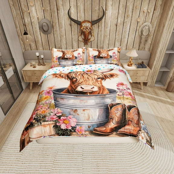 Erosebridal Cartoon Highland Bull Comforter Cover Twin, Southwestern Cowboy Boots Bedding Twin Size, Pink Floral Room Decor, Reversible 2-Piece (No Comforter)