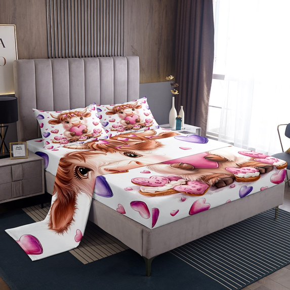 Erosebridal Cartoon Highland Bull Queen Sheet Sets, Pink Purple Love Heart Print Bedding Queen Size 4-Piece