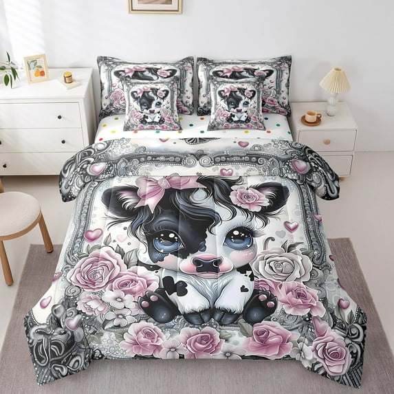 Erosebridal Cartoon Highland Cattle Bedding Twin Size,Botanical Floral Bed Set,Rustic Farmhouse Animal Bed Set For Men Women,Super Cozy Bedroom Decor Reversible,7pcs