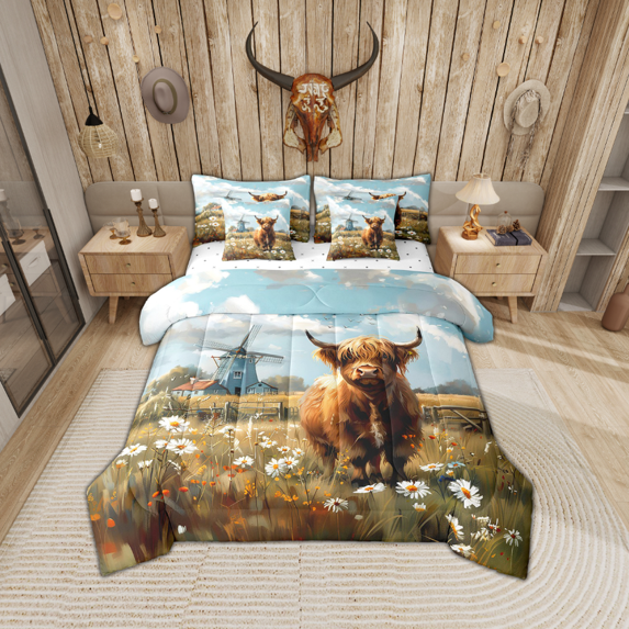 Erosebridal Cartoon Highland Cow Bed in a Bag Full Size, Rustic Windmill Farmhouse Bed Set, Daisy Floral Home Decor, Reversible 7-Piece