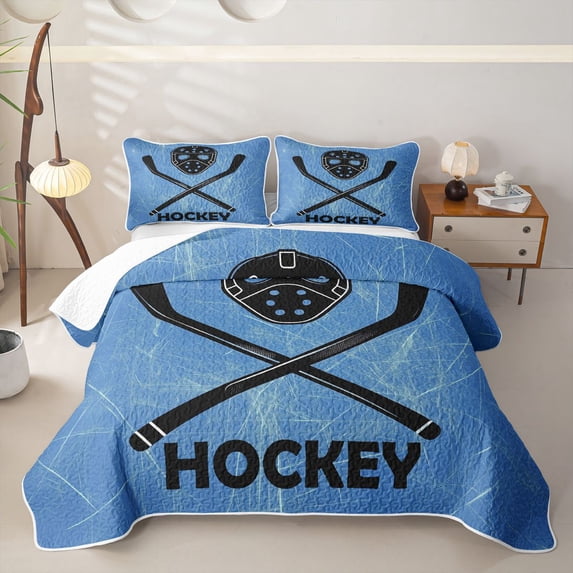 Erosebridal Cartoon Hockey Helmet Quilt King for Boys Men, Crossed Stick Print King Coverlet Set, Blue, 3-Piece
