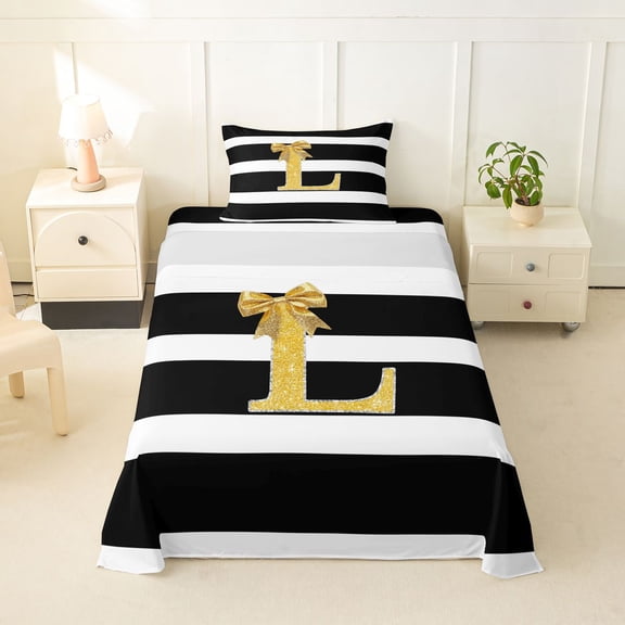 Erosebridal Cartoon Initial L Twin Sheet Sets for Girl, Stripes Lines Bedding, 3pcs