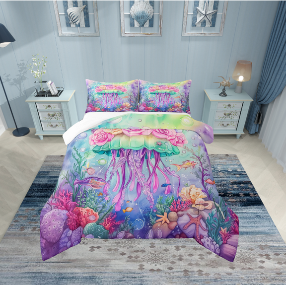 Erosebridal Cartoon Jellyfish Bedding Twin Comforter Set,Green Purple Down Comforter,Ocean Theme Decor,Lightweight,2-Piece