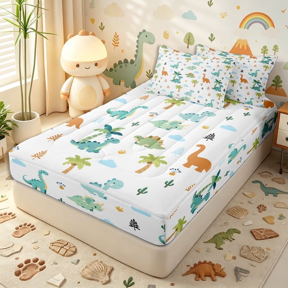 Erosebridal Cartoon Jungle Dinosaur Zipper Twin Comforter Sets with Fitted Sheet and 2 Pillowcases,Palm Tree Cloud Zipper Bedding Set,Sage Ivory,4-Piece,Reversible