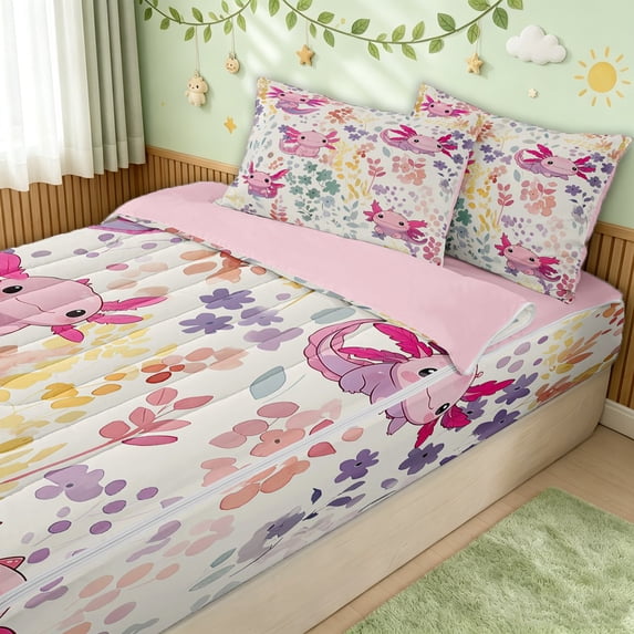 Erosebridal Cartoon Kawaii Axolotl Zipper Twin Comforter Sets with Fitted Sheet and 2 Pillowcases for Girls, Watercolor Floral Leaf Zipper Bedding Set, Pink Reversible, 4pcs