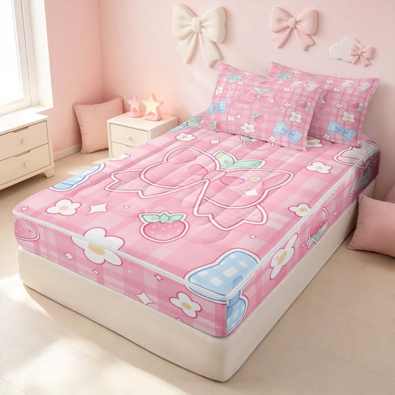 Erosebridal Cartoon Kawaii Bow Zipper Queen Comforter Set with Fitted Sheet and 2 Pillowcases for Girls, Flower Strawberry Zipper Bedding Set, Pink Reversible