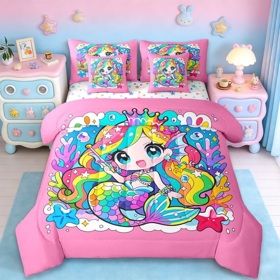 Erosebridal Cartoon Kawaii Mermaid 7 Pieces Bedding Comforter Set,Cute Rainbow Coral Starfish Full Bedding Set For Girly,Reversible