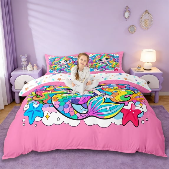 Erosebridal Cartoon Kawaii Mermaid Queen Duvet Cover Set,Cute Rainbow Coral Starfish Bedding For Girly 3pcs,No Comforter,Reversible