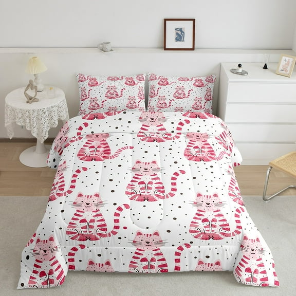 Erosebridal Cartoon Kitten Bedding Sets Twin with Comforter, Cat Print Duvet Insert, Pet Lover Reversible Down Comforter, Lightweight Room Decor, 2 Pieces