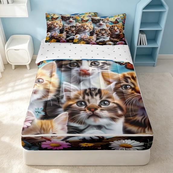 Erosebridal Cartoon Kitten Zipper Twin Comforter Sets with Fitted Sheet and 2 Pillowcases, Kawaii Floral Zipper Bedding Set, Reversible, Bright Yellow White, Reversible