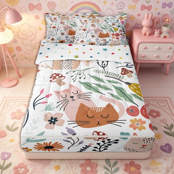 Erosebridal Cartoon Kitty Cat Zipper Twin Comforter Sets with Fitted Sheet and 2 Pillowcases,Wild Botanical Print Zipper Bedding Set,Orange White,Reversible