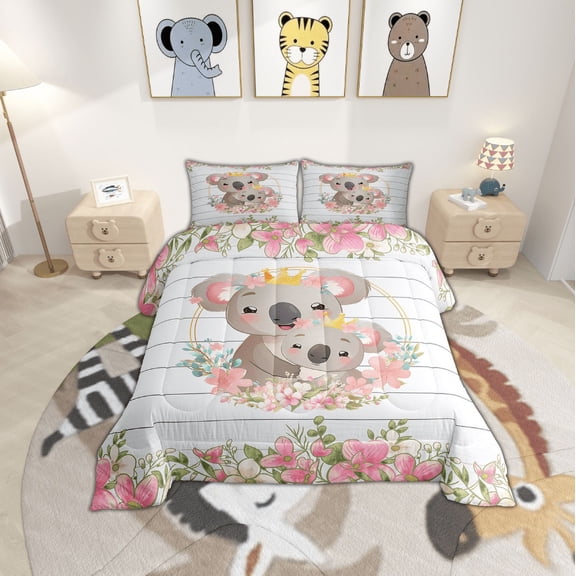 Erosebridal Cartoon Koala Bedding Sets Queen with Comforter, Woodland Animal Duvet Insert, Botanical Floral Flower Home Decor Breathable 3pcs