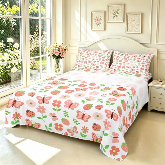 Erosebridal Cartoon Ladybug Bed Sheets,Strawberry Floral Full Size Sheets,White Coral,4 Pieces,1 Flat Sheet,1 Fitted Sheet and 2 Pillowcases