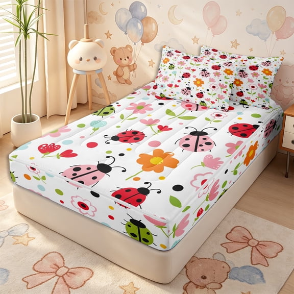 Erosebridal Cartoon Ladybug Floral Zipper Twin Comforter Sets with Fitted Sheet and 2 Pillowcases,Color Dot Secondary Motif Zipper Bedding Set,Red White,4-Piece,Reversible