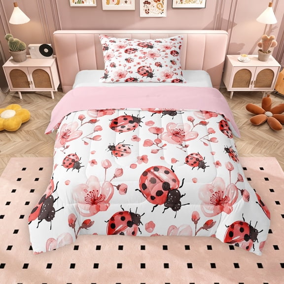 Erosebridal Cartoon Ladybug Twin Comforter Sets, Girls Pink Blossoms Bedding Set, Pink Reversible, 2pcs
