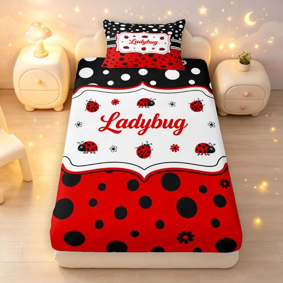 Erosebridal Cartoon Ladybug Twin Fitted Sheet,Retro Daisy Flower Bedding,White Burgundy,2-Piece,1 Fitted Sheet and 1 Pillowcase