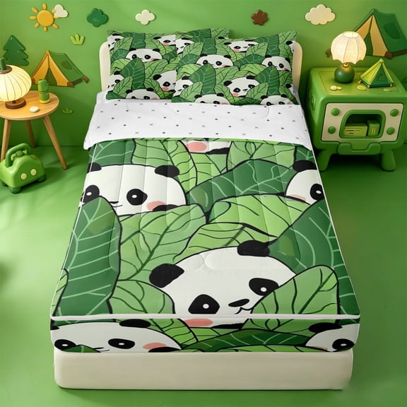 Erosebridal Cartoon Leaf Panda Zipper Twin Comforter Sets with Fitted Sheet and 2 Pillowcases,Cute Bear Zipper Bedding Set For Girls,Reversible,4pcs