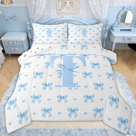 Erosebridal Cartoon Letter T Bow Heart Queen Comforter Set for Boys Girls, Watercolor Bowknot Bedding Comforter Set, Polka Dot Reversible, 3pcs