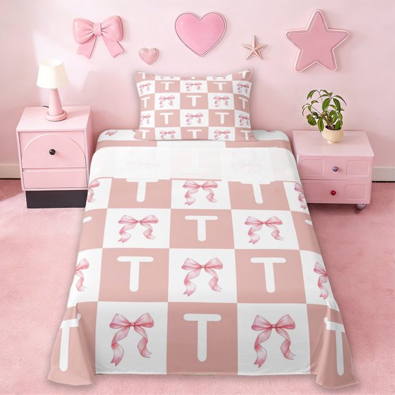 Erosebridal Cartoon Letter T Monogrammed Twin Sheet Sets,Pink Girly Bowknot Princess Bow Bedding For Kids 3-Piece