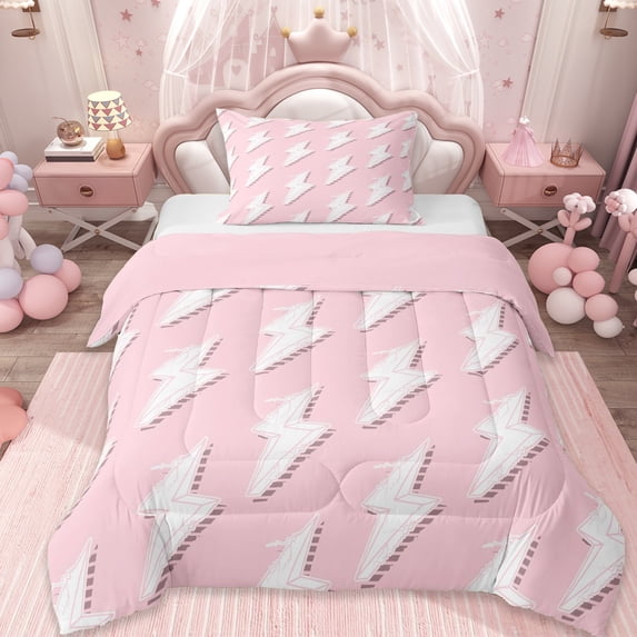 Erosebridal Cartoon Lightning Twin Comforter Sets,Pink And White Bedding Set For Girls Kids, Reversible 2 Pieces