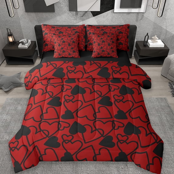 Erosebridal Cartoon Loves Pattern 7pcs Bedding Comforter Set,Red Black Heart Print Queen Bedding Sets For Men Women,Reversible