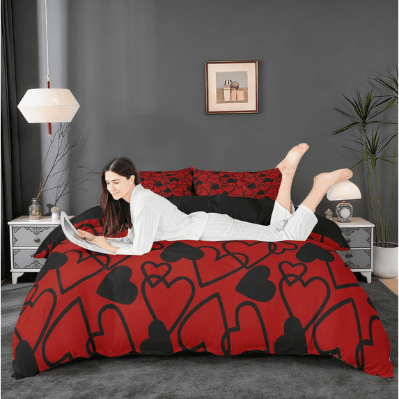 Erosebridal Cartoon Loves Pattern Duvet Cover Set,Red Black Heart Print Bedding Full For Men Women 3-Piece,No Comforter,Reversible