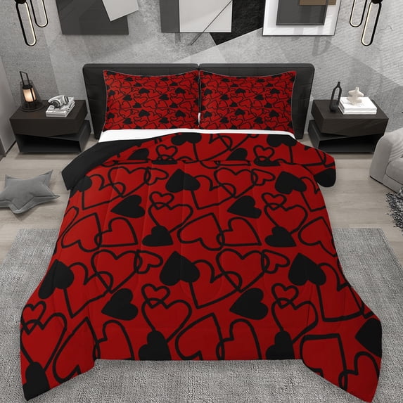 Erosebridal Cartoon Loves Pattern Queen Comforter Set,Red Black Heart Print Bedding Comforter Set For Men Women, Reversible 3 Pieces