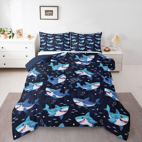 Erosebridal Cartoon Marine Shark Full Size Comforter Sets 3 Pieces For Kids Children,Kawaii Ocean Animal Bedding Sets For Boys Girls,Navy Blue Reversible