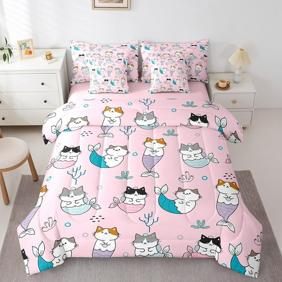 Erosebridal Cartoon Mermaid Bed in a Bag Full Size,Watercolor Cute Cat Bed Set,Pink Bedding Full Size,Lightweight Bedroom Decorative Reversible,7-Piece