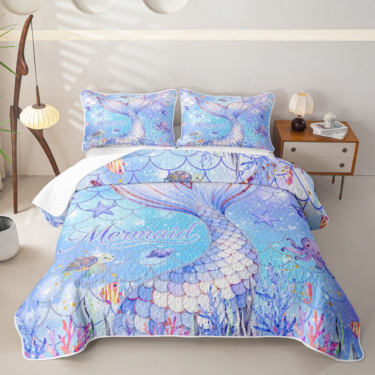 Erosebridal Cartoon Mermaid Bed Spread Queen for Boys Girls, Blue Ocean ...