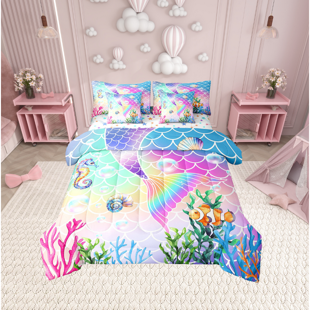 Erosebridal Cartoon Mermaid Bedding Full Size, Fairy Tale Bed in a Bag Full size, Marine Princess Reversible Bed Set, Ultra Soft Room Decor, 7 Pieces