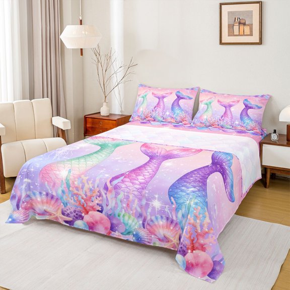 Erosebridal Cartoon Mermaid Kids Bed Sheets, Ocean Princess King Sheets, 4pcs