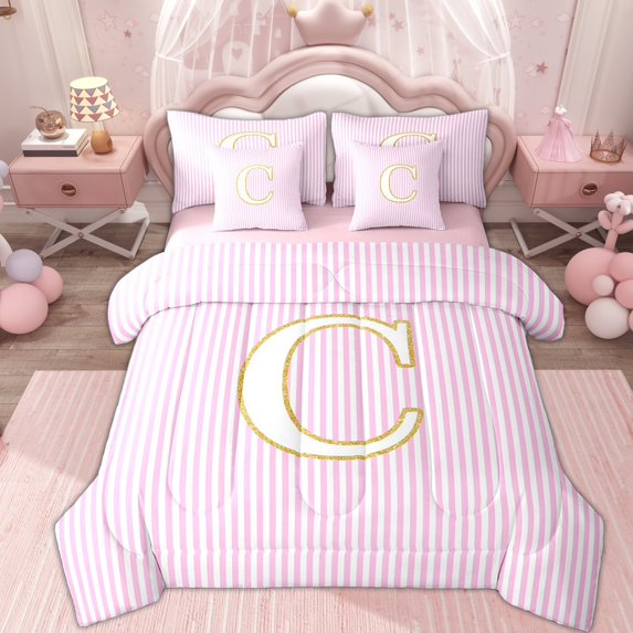 Erosebridal Cartoon Monogrammed C Bedding Comforter Set 7 Pieces, Pink Lines Full Bedding Set, Kids Girls