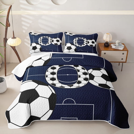Erosebridal Cartoon Monogrammed O Bed Spread Queen for Boys Girls, Blue Honeycomb Soccer Queen Coverlet Set, 3-Piece