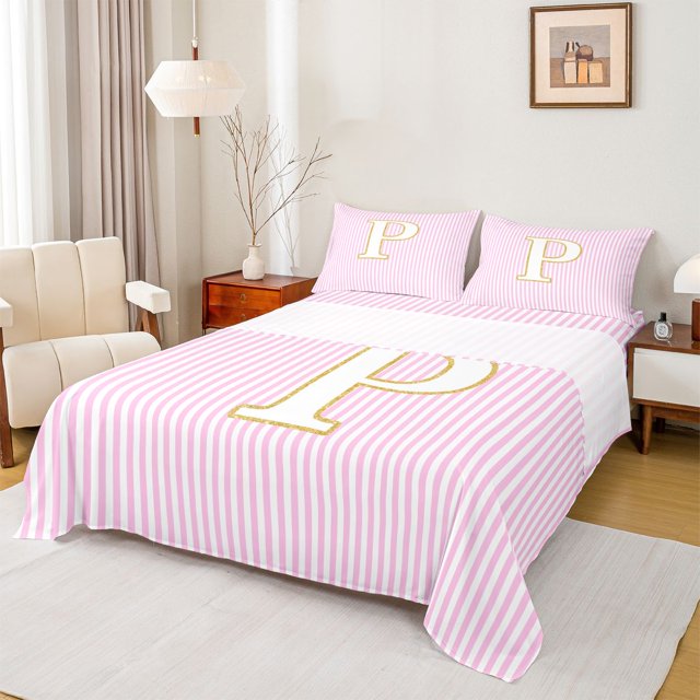 Erosebridal Cartoon Monogrammed P Bed Sheets, Pink Lines King Sheets, Kids Girls, 4 Pieces