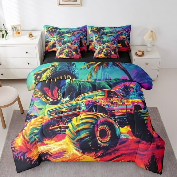 Erosebridal Cartoon Monster Bedding Full Size, Tractor Truck Bedding Sets Full Size, Giant Creature Decor, Reversible 7pcs