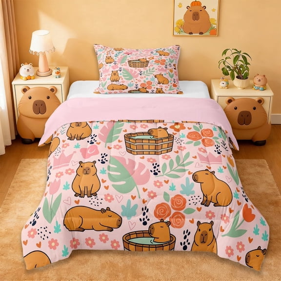 Erosebridal Cartoon Monstera Leaf Twin Comforter Sets,Brown Capybara Animal Rustic Flowers Bedding Set For Kids Girls ,Reversible Pink 2pcs